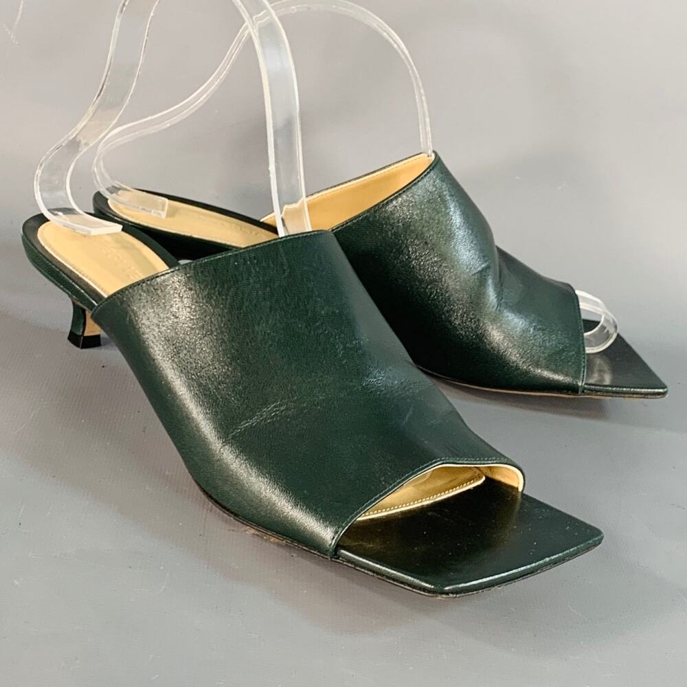BOTTEGA VENETA Size 9.5 Green Leather Square Toe Kitten Heel Mules Sandals